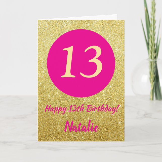 13th Happy Birthday Hot Pink and Gold Glitter Card (Front)