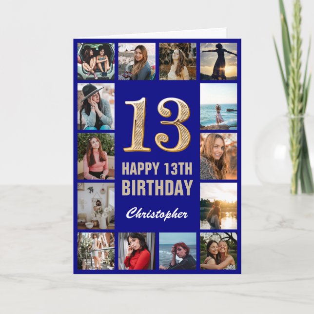 13th Happy Birthday Navy Blue & Gold Photo Collage Card (Front)