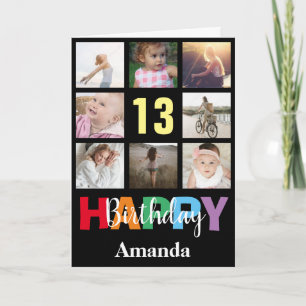 13th Happy Birthday Photo Collage Modern Black Card