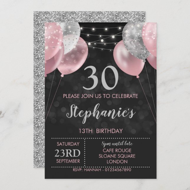 13th Invite Pink Silver Birthday Invitation (Front/Back)