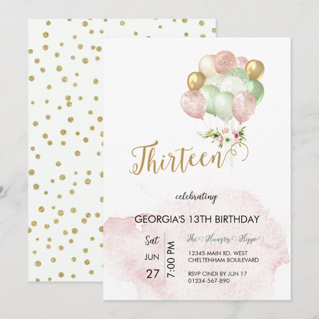 13th Invite Pink Silver Birthday Invitation (Front/Back)