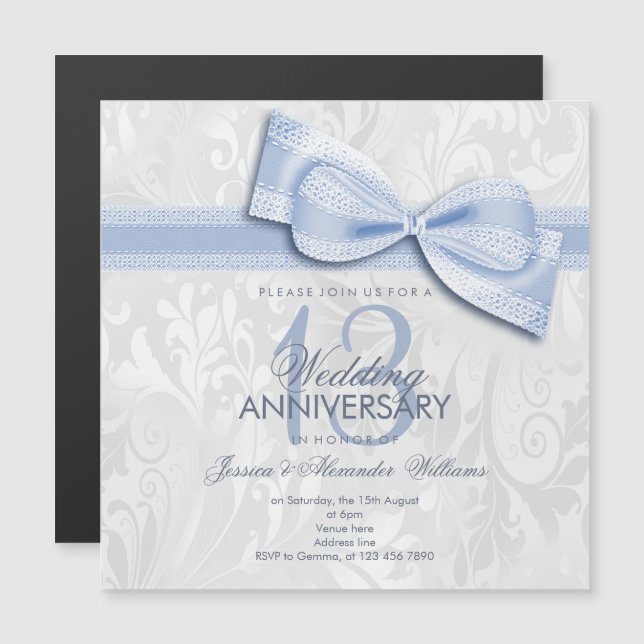 13th Lace Wedding Anniversary Damask and Faux Bow Magnetic Invitation (Front/Back)