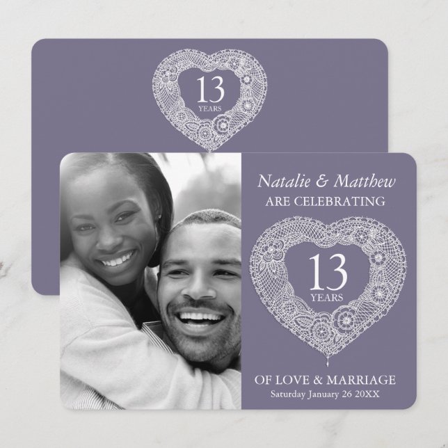 13th lace wedding Anniversary grey white Invitation (Front/Back)