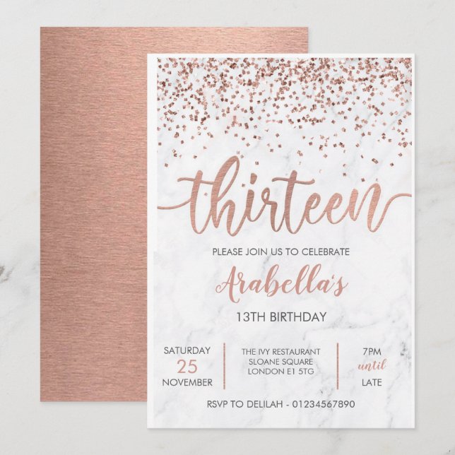 13th, Marble Rose Gold Pink Invitation (Front/Back)