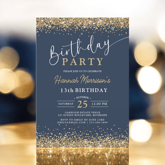 13th Navy Blue Gold Glitter Any Age Birthday  Invitation (Creator Uploaded)