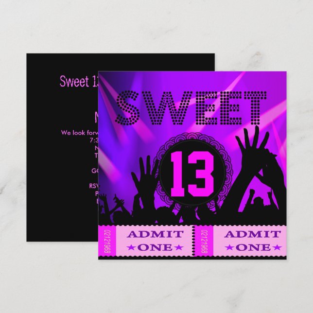 13th Sweet 13 Birthday Party Tickets Fun Invitation (Front/Back)