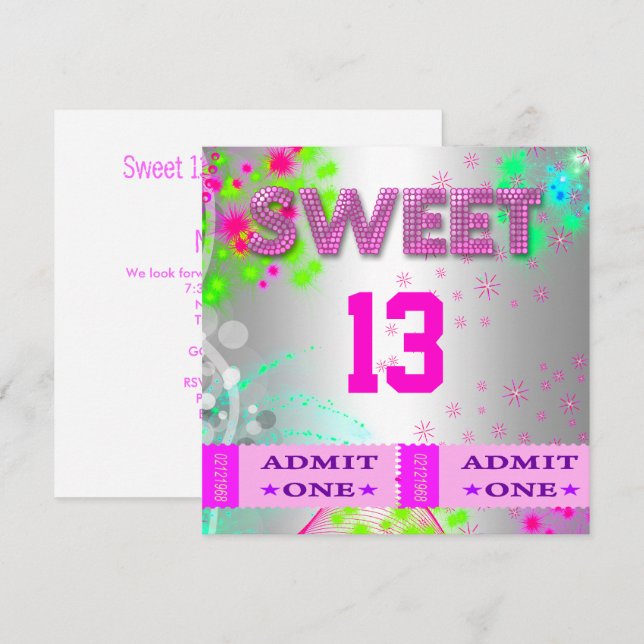 13th Sweet 13 Birthday Party Tickets Fun Invitation (Front/Back)
