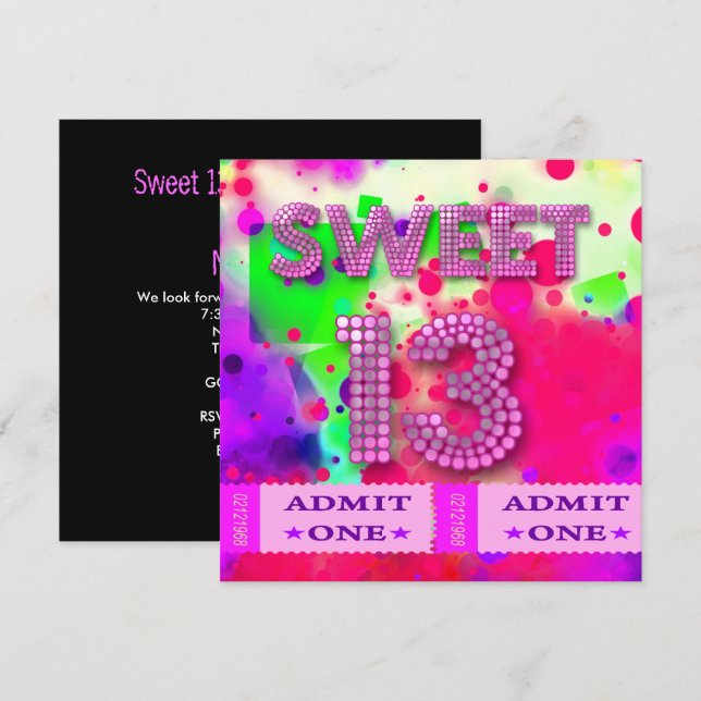 13th Sweet 13 Birthday Party Tickets Fun Invitation (Front/Back)