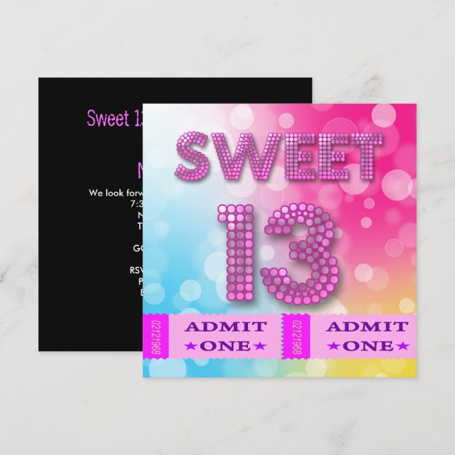 13th Sweet 13 Birthday Party Tickets Fun Invitation (Front/Back)