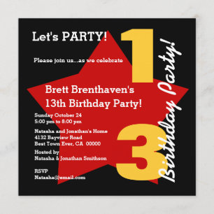 13th Teen Birthday Modern Black Red Gold Star B02 Invitation