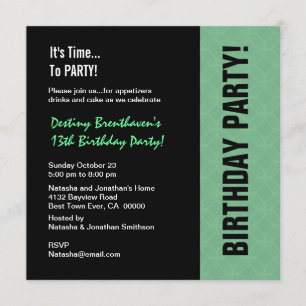 13th Teen Birthday Modern Mint and Black W745 Invitation