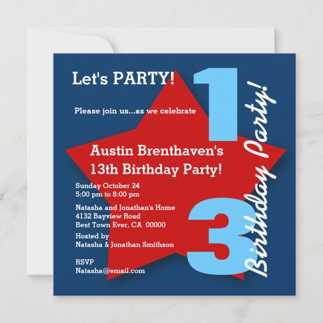 13th Teen Birthday Modern Navy Red White Blue B02 Invitation (Front)