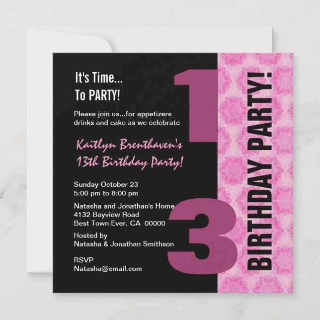 13th Teen Birthday Modern Pink Black Stars G400 Invitation (Front)