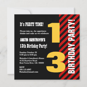 13th Teen Birthday Modern Red Black STripes A05 Invitation