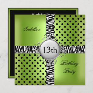 13th Teen Birthday Party Lime Green Black Zebra Invitation