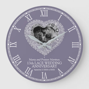  13th wedding anniversary lace heart grey large clock