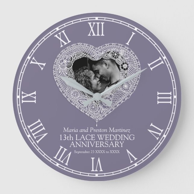  13th wedding anniversary lace heart grey large clock (Front)