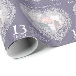 13th wedding anniversary lace heart photo wrap wrapping paper<br><div class="desc">Lace wedding anniversary wrapping paper. Personalise this anniversary paper with your own photo and relatives or friends name and anniversary year. Currently reads To our Daughter and Son-in-law Happy Lace Wedding Anniversary 13 years. Lace effect in an outline heart shape printed graphics 13th Wedding Anniversary wrapping paper ideal to wrap...</div>