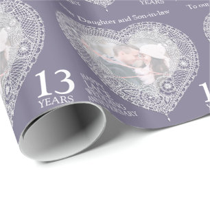 13th wedding anniversary lace heart photo wrap wrapping paper