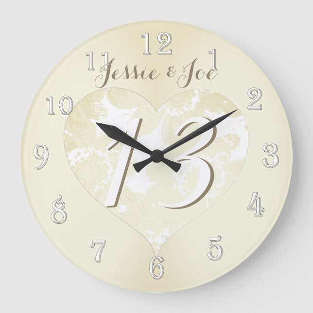 13th Wedding Anniversary Lace-like Heart Large Clock (Front)