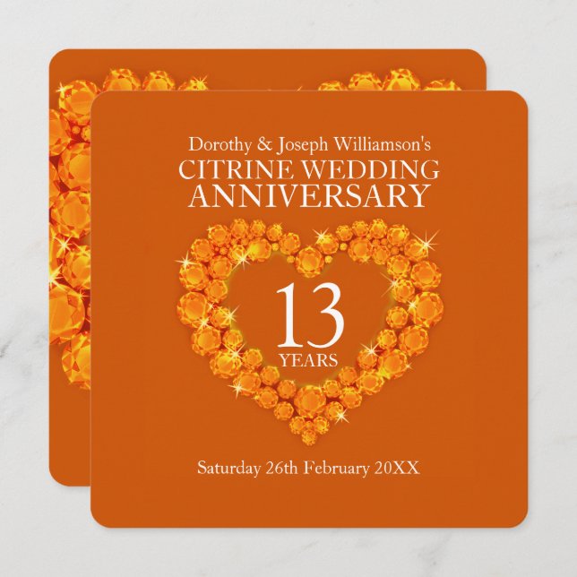13th wedding anniversary party citrine orange invitation (Front/Back)