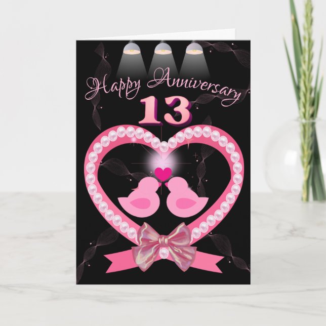 13th Wedding Anniversary Pink Heart Love Birds Card (Front)