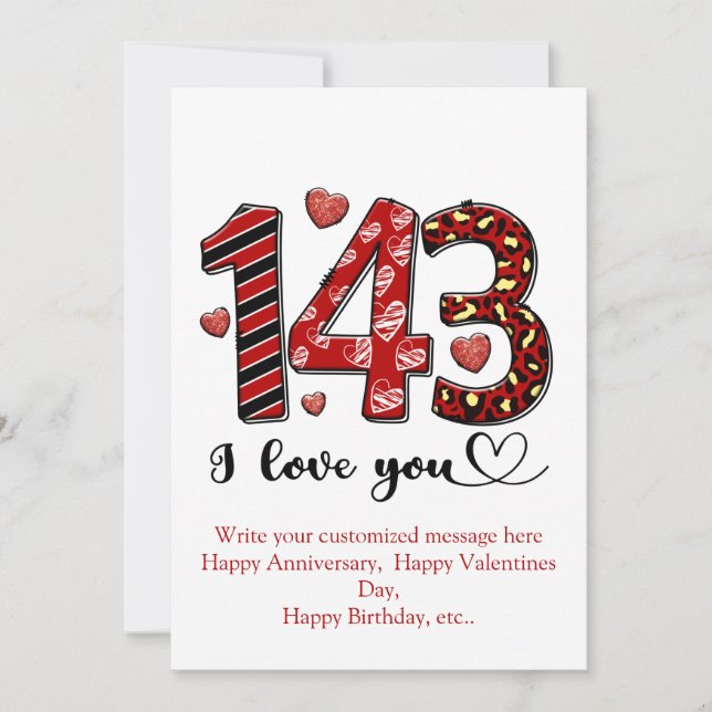 143 I Love You Personalised Valentines Anniversary Holiday Card (Front)