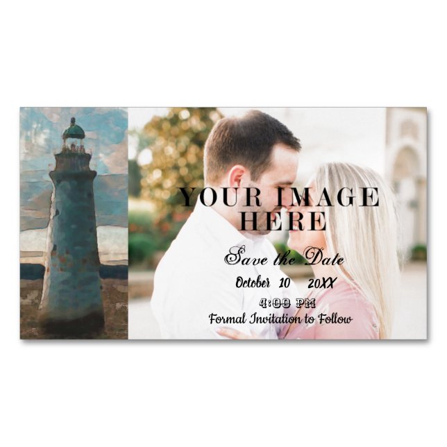 143 Lighthouse Watercolor Save The Date Magnetic Business Card (Front)