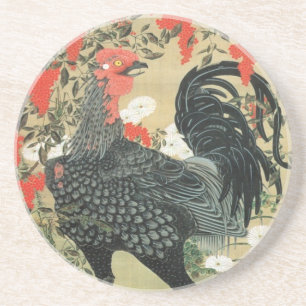 14. 南天雄鶏図, 若冲 Red Nuts and Rooster, Jakuchu Coaster