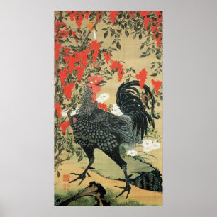 14. 南天雄鶏図, 若冲 Red Nuts and Rooster,  Poster
