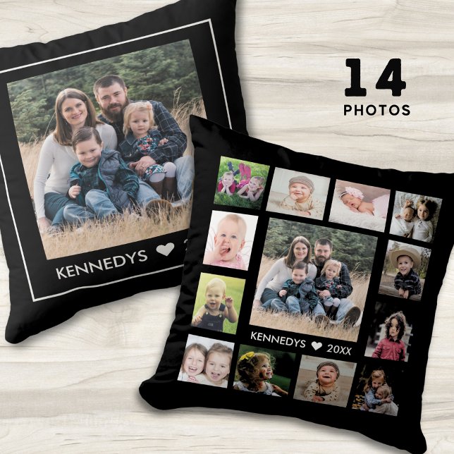 14 Family Photo Collage Create Your Own Black Cushion (Creator Uploaded)