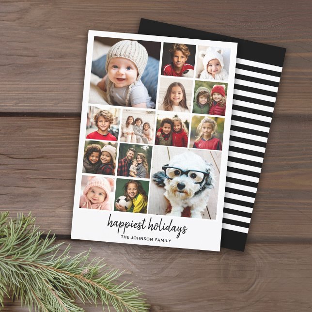14 Photo Christmas Collage Minimalist black Happy Holiday Card (14 Photo Christmas Card - Retro Black and White Stripe Pattern on the Back)
