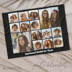 14 Photo Collage - Black Background White Text Fleece Blanket