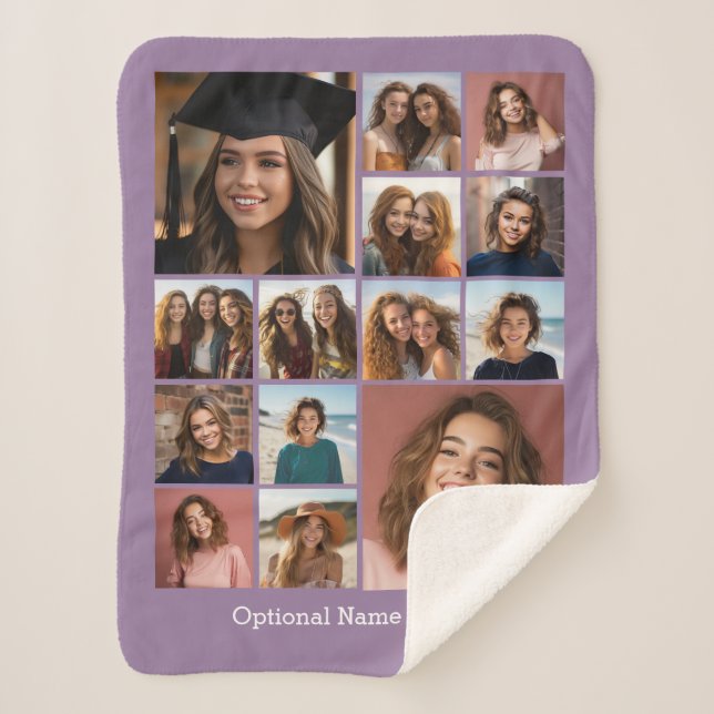 14 Photo Collage - CAN EDIT lilac optional text Sherpa Blanket (Front)