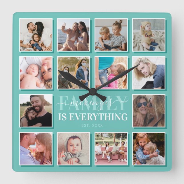 14 Photo Collage Family Name Teal Square Wall Clock (Front)