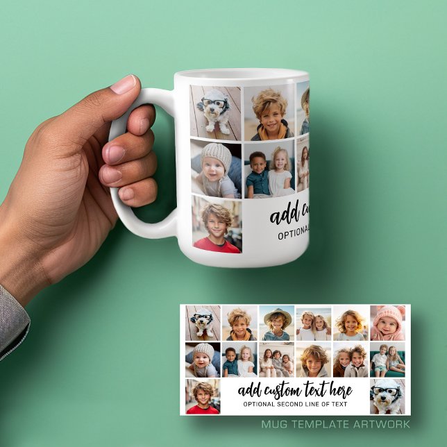 14 Photo Collage Grid - 2 Text boxes - black white Coffee Mug (Personalized mug template with a funky 14 photo collage and custom text)