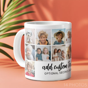 14 Photo Collage Grid - 2 Text boxes - black white Large Coffee Mug