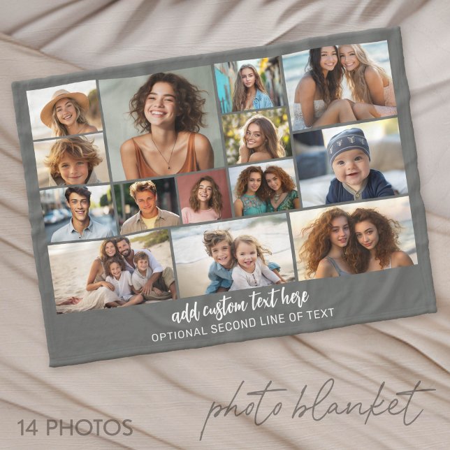 14 Photo Collage Grid - 2 Text boxes - grey white Fleece Blanket (Photo Blanket - Personalize with Your Photos)
