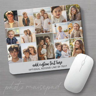 14 Photo Collage Grid - 2 Text boxes - grey white Mouse Mat