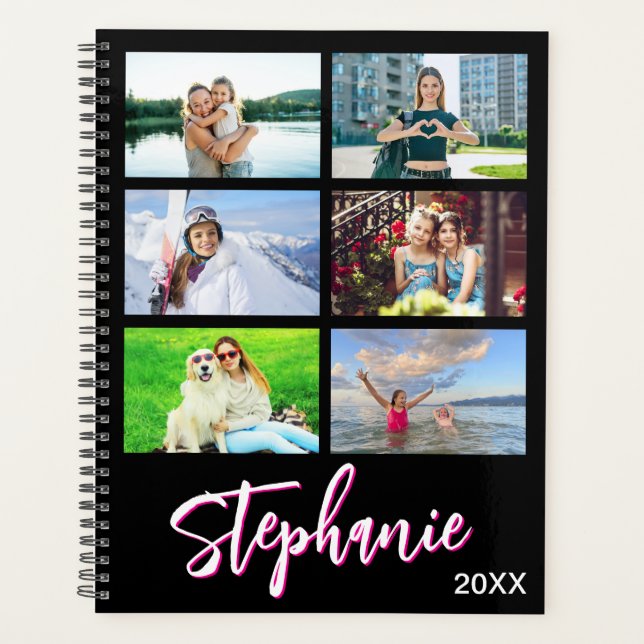 14 Photo Collage Personalized Hot Pink Black Planner (Front)