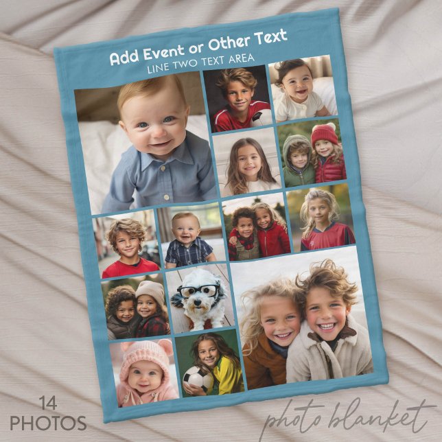 14 Photo Collage - Picture Grid - Blue Fleece Blanket (Custom Photo Blankets)