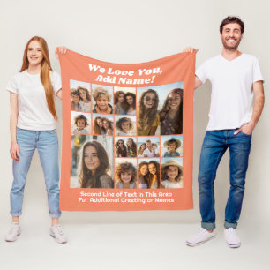 14 Photo Collage - We Love You - Coral Orange Fleece Blanket