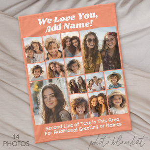 14 Photo Collage - We Love You - Coral Orange Fleece Blanket