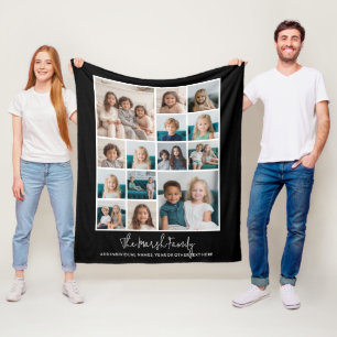 14 Photo Collage with Calligraphy Type - Black Fleece Blanket