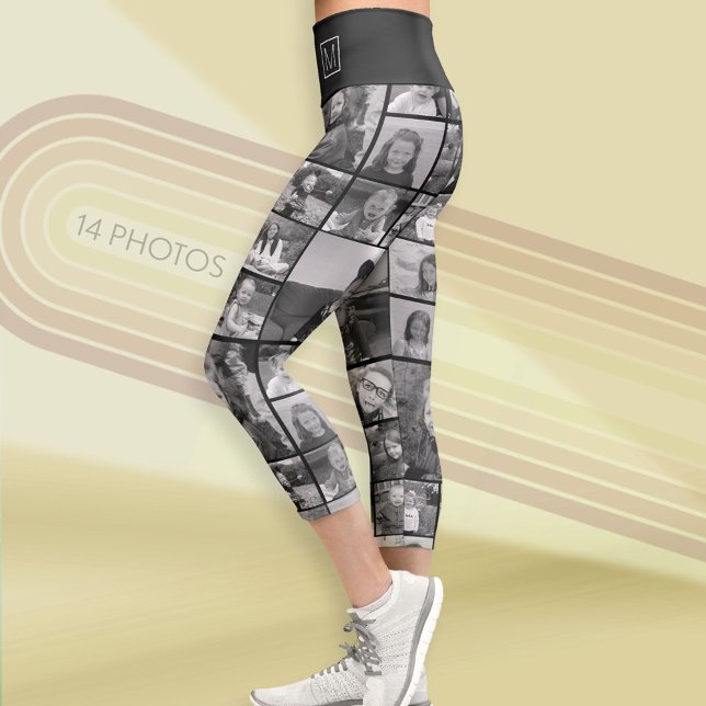 14 Photo Custom Collage - Simple Monogram Capri Leggings (Custom Photo Leggings)