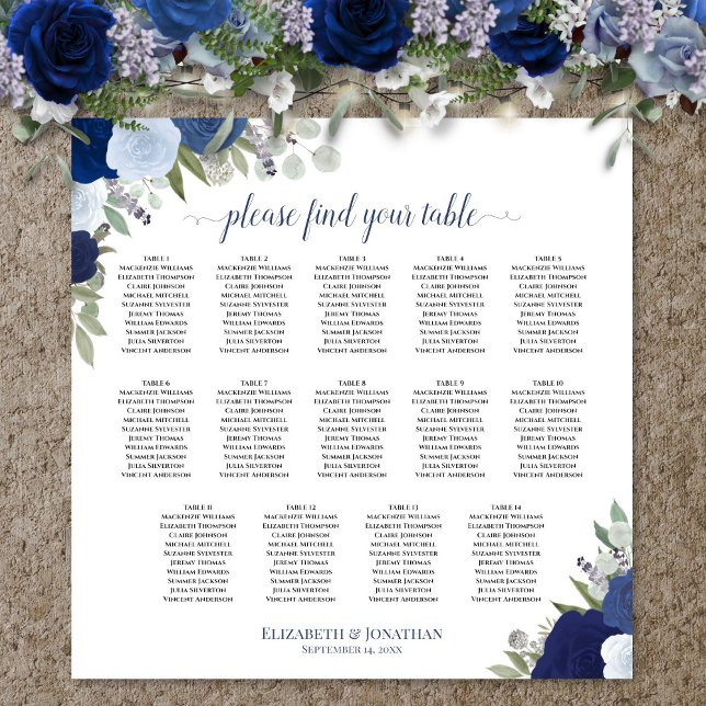 14 Table Blue Boho Floral Wedding Seating Chart (In Situ on Wall with Flowers)