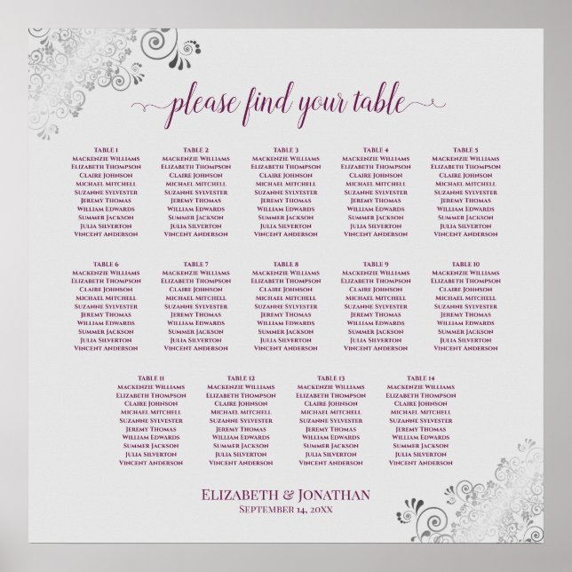 14 Table Cassis on Gray Wedding Seating Chart (Front)