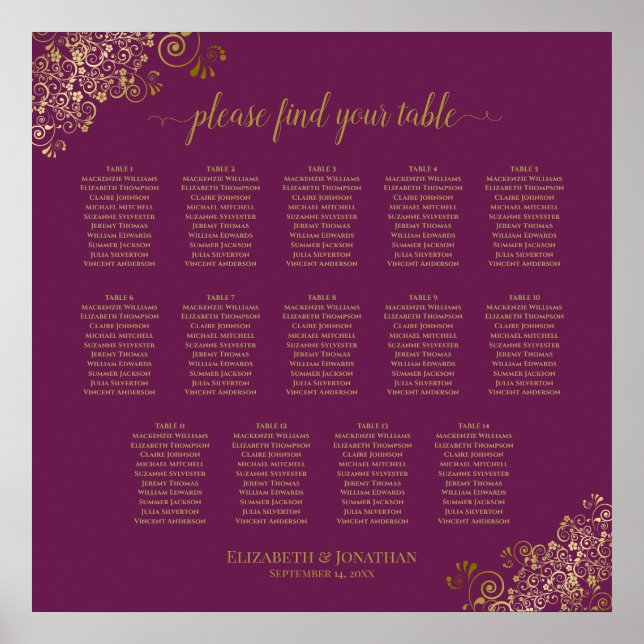 14 Table Cassis Purple Wedding Seating Chart Gold (Front)