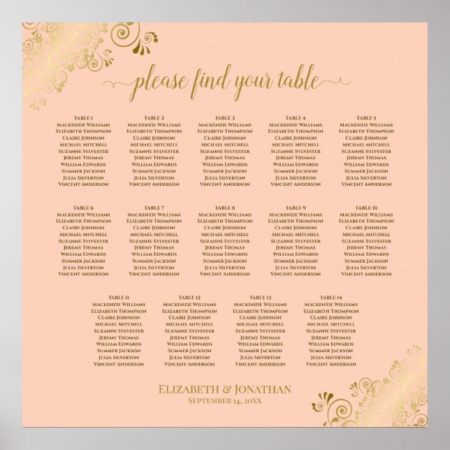 14 Table Coral Peach & Gold Wedding Seating Chart (Front)