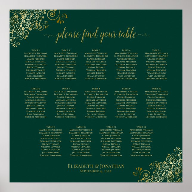 14 Table Emerald Green Wedding Seating Chart Gold (Front)
